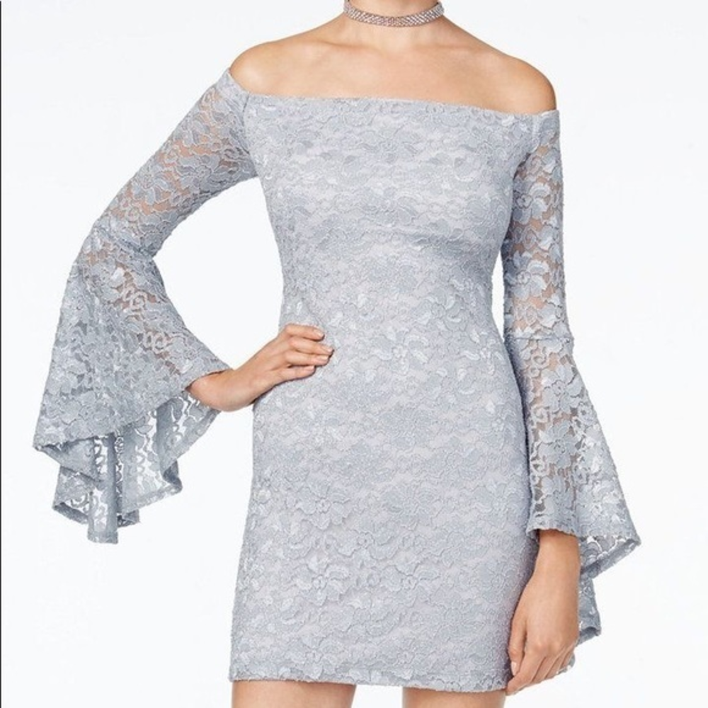 Free people Sliver blue bell sleeve bodycon dress lacy‎ sparkly